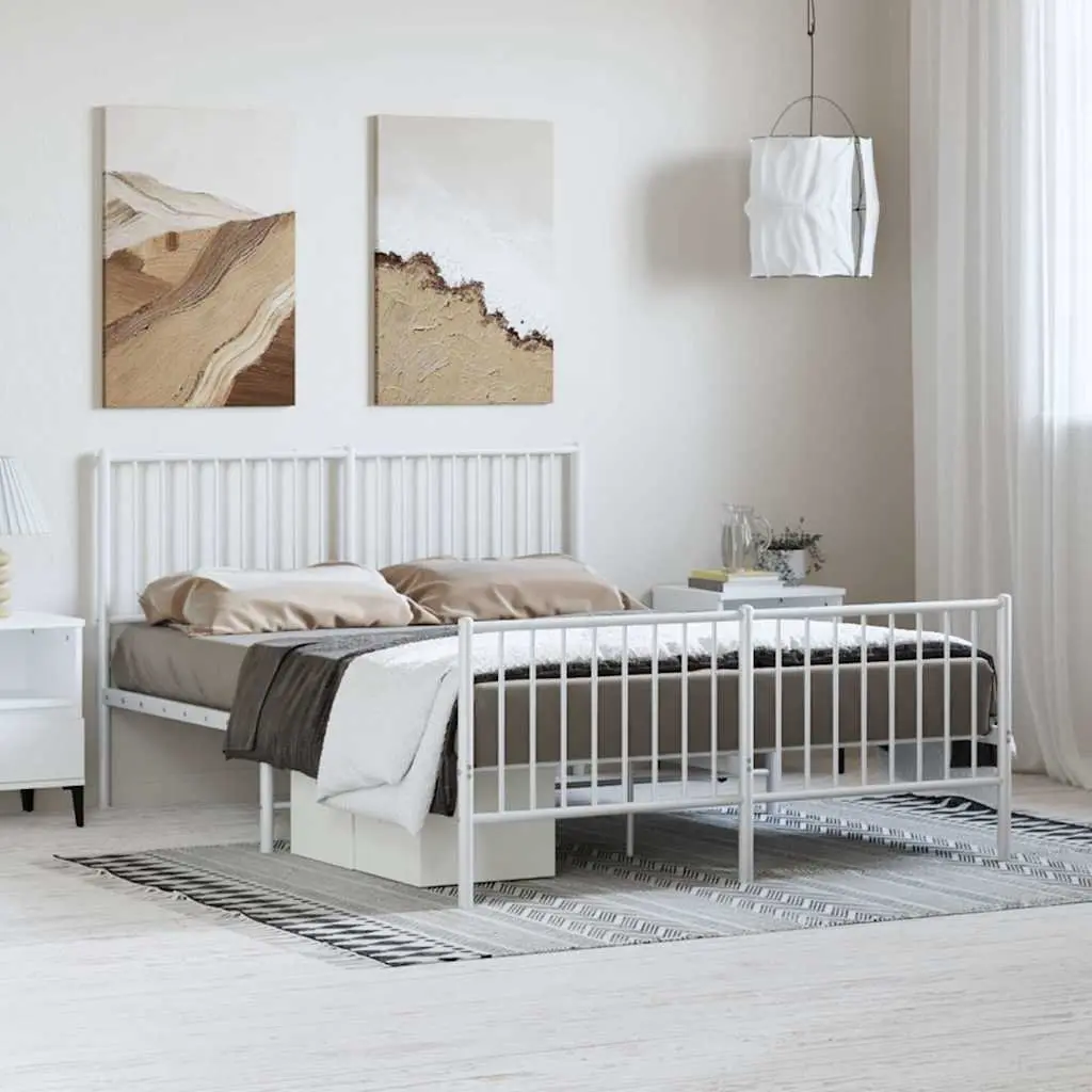 Metal Bed Frame for Bedroom 135x190 cm White with Footboard Slatted Base