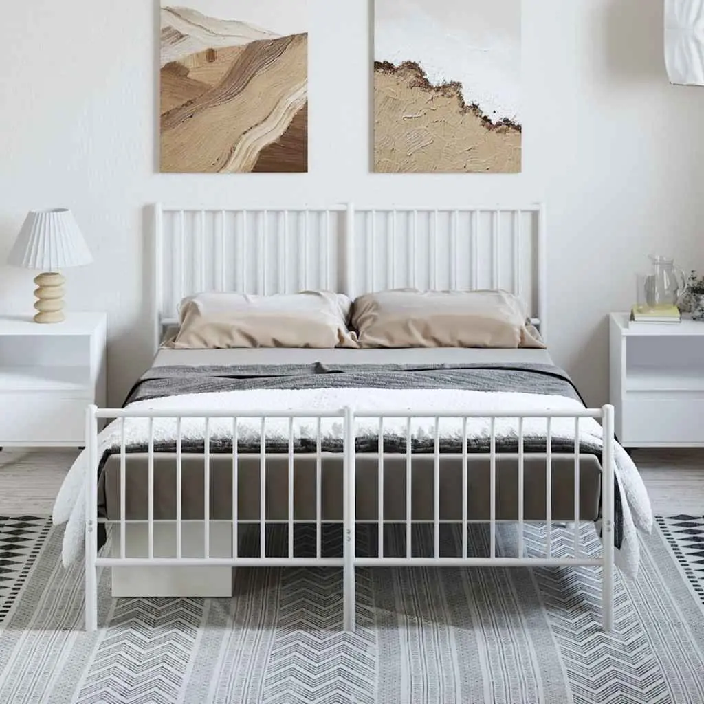 Metal Bed Frame for Bedroom 135x190 cm White with Footboard Slatted Base