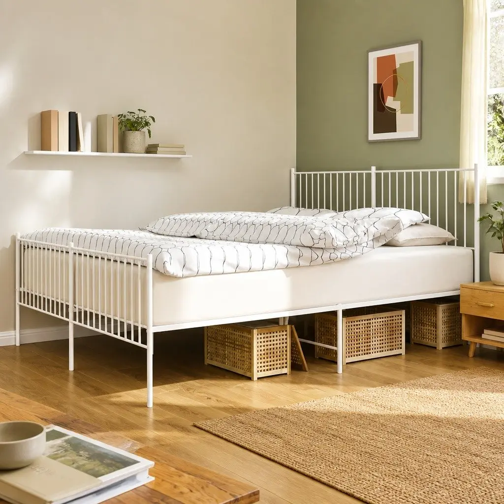 Metal Bed Frame King Size Bedroom 183x203 cm White Steel
