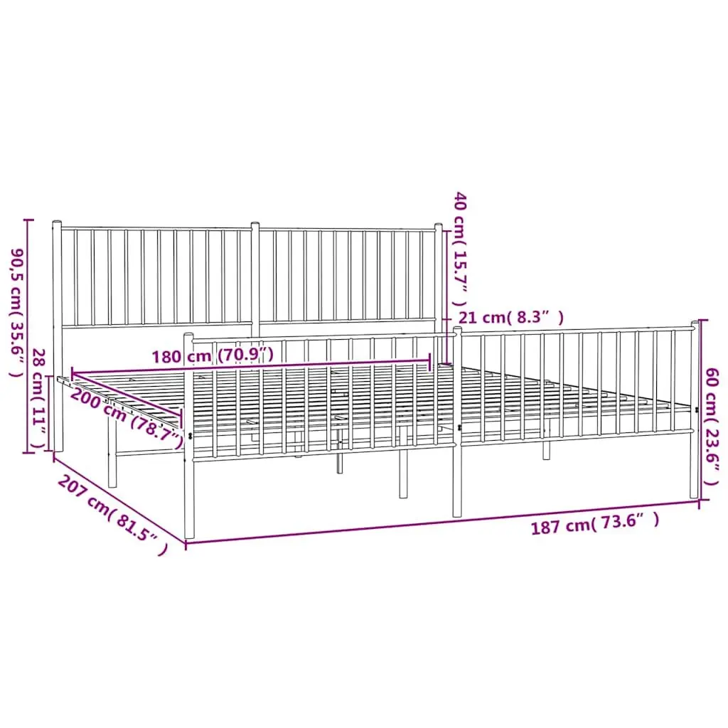 Metal Bed Frame King Size Bedroom 183x203 cm White Steel