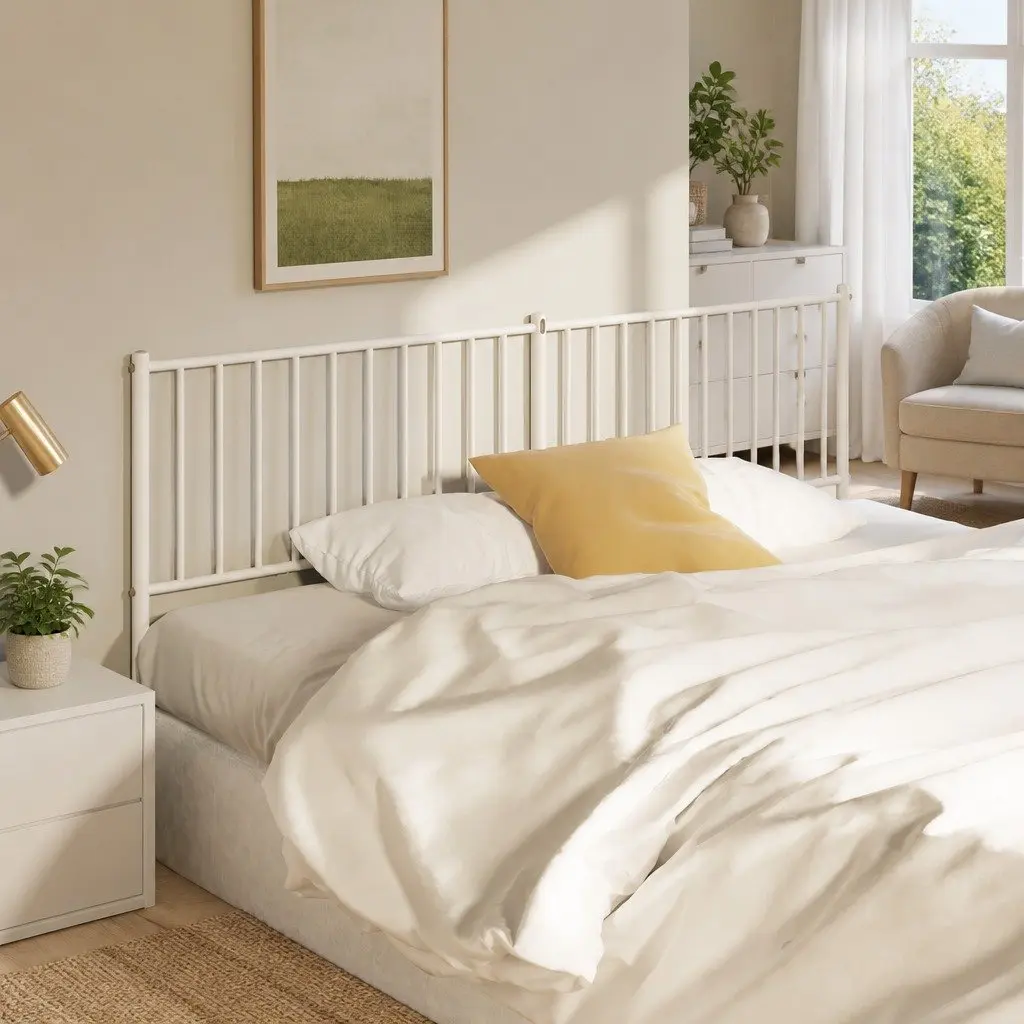 White Metal Headboard 180cm Bedroom Use Powder Coated Steel Frame Support