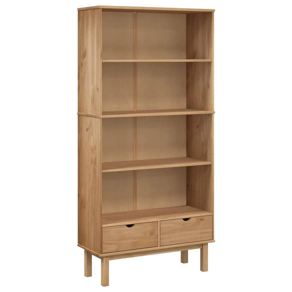 Wooden Bookcase with 2 Drawers Brown Solid Pine Scandinavian Design Storage