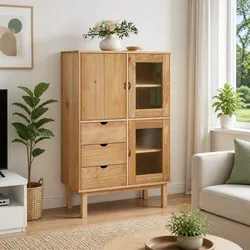 Highboard Storage Cabinet in Brown Solid Pine 85x43x125cm