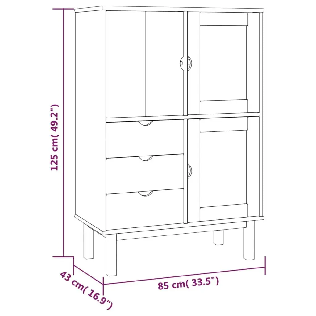 Highboard Storage Cabinet in Brown Solid Pine 85x43x125cm