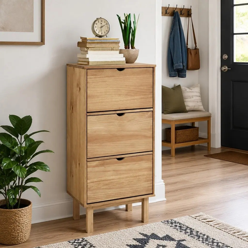Brown Solid Pine Shoe Cabinet with 3 Drawers