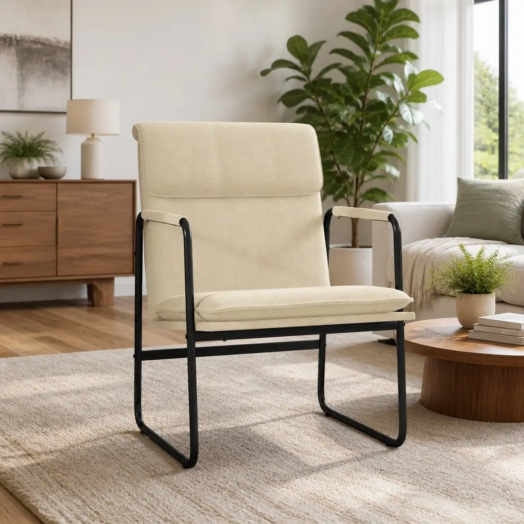 Lounge Chair Living Room Cream Fabric Upholstered Armchair