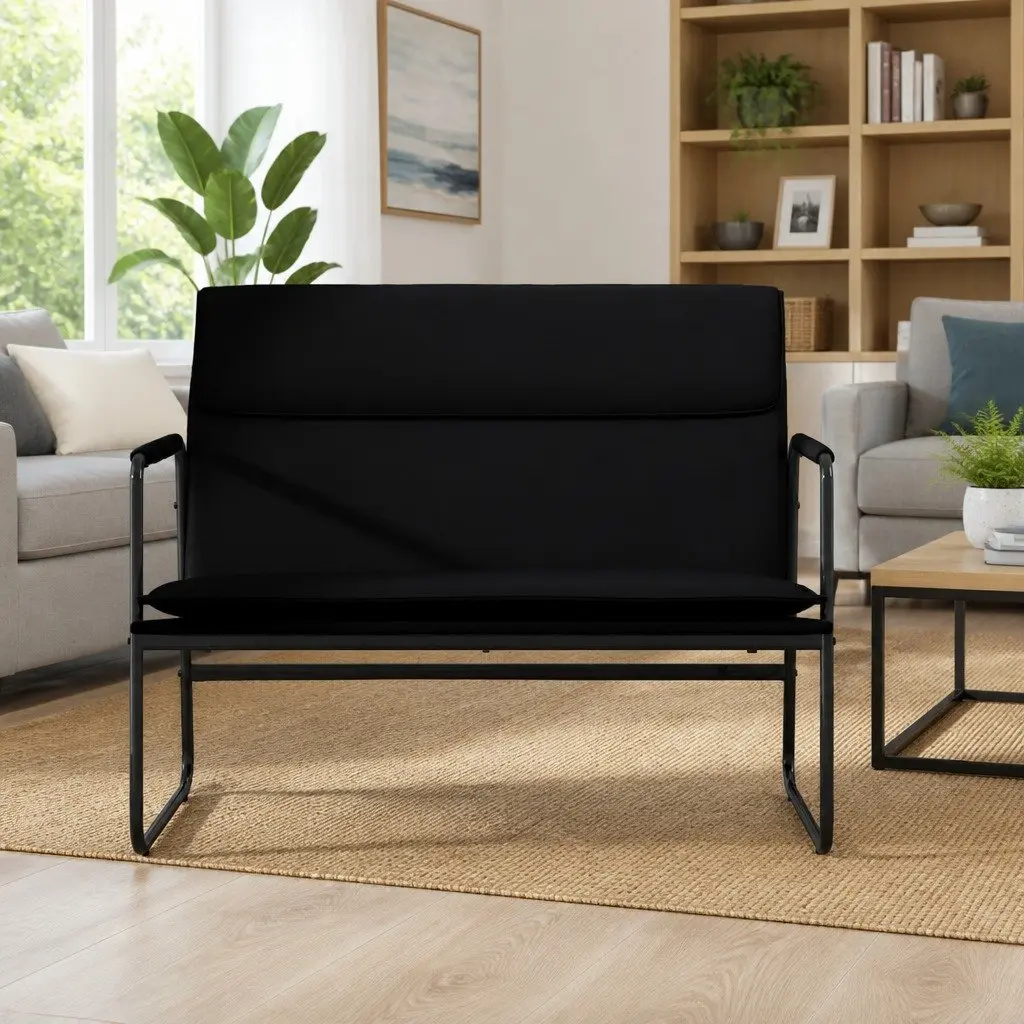 Black Faux Leather Bench Seating Upholstered Padded Back Rest Home Furniture