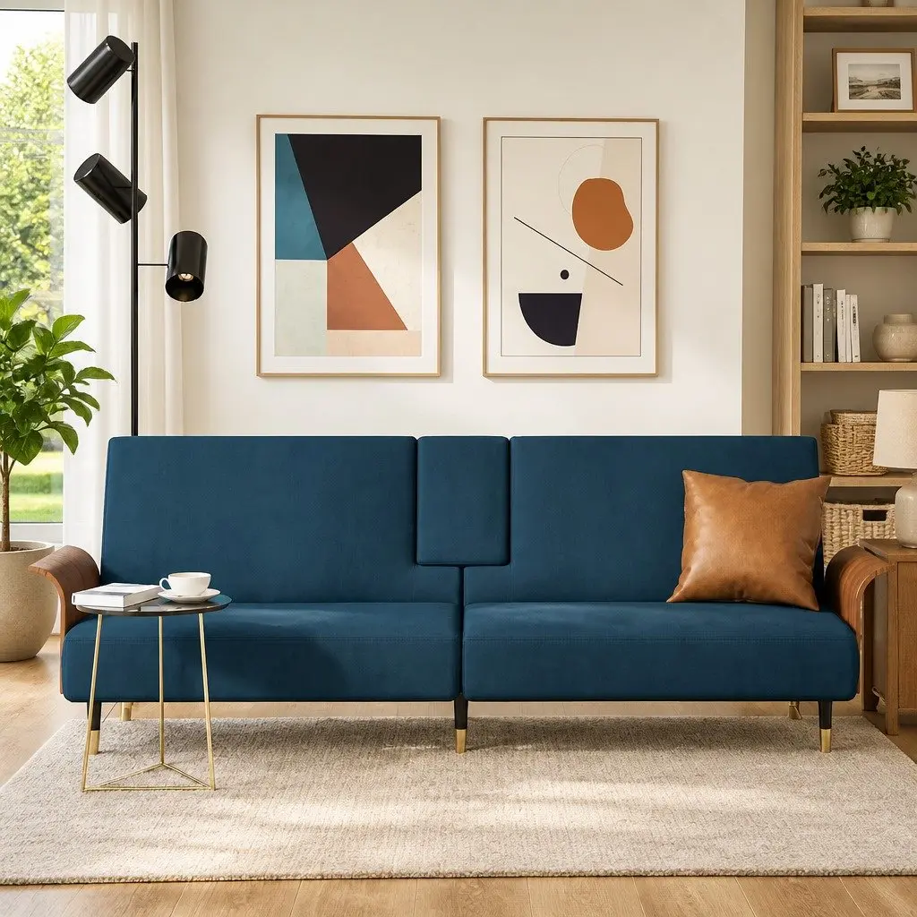 Blue Velvet Sofa Bed with USB Ports