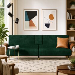 Adjustable Green Velvet Sofa Bed with Built-in USB Ports