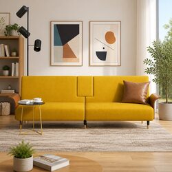 Yellow Velvet Sofa Bed: 3 Adjustable Positions, USB Ports