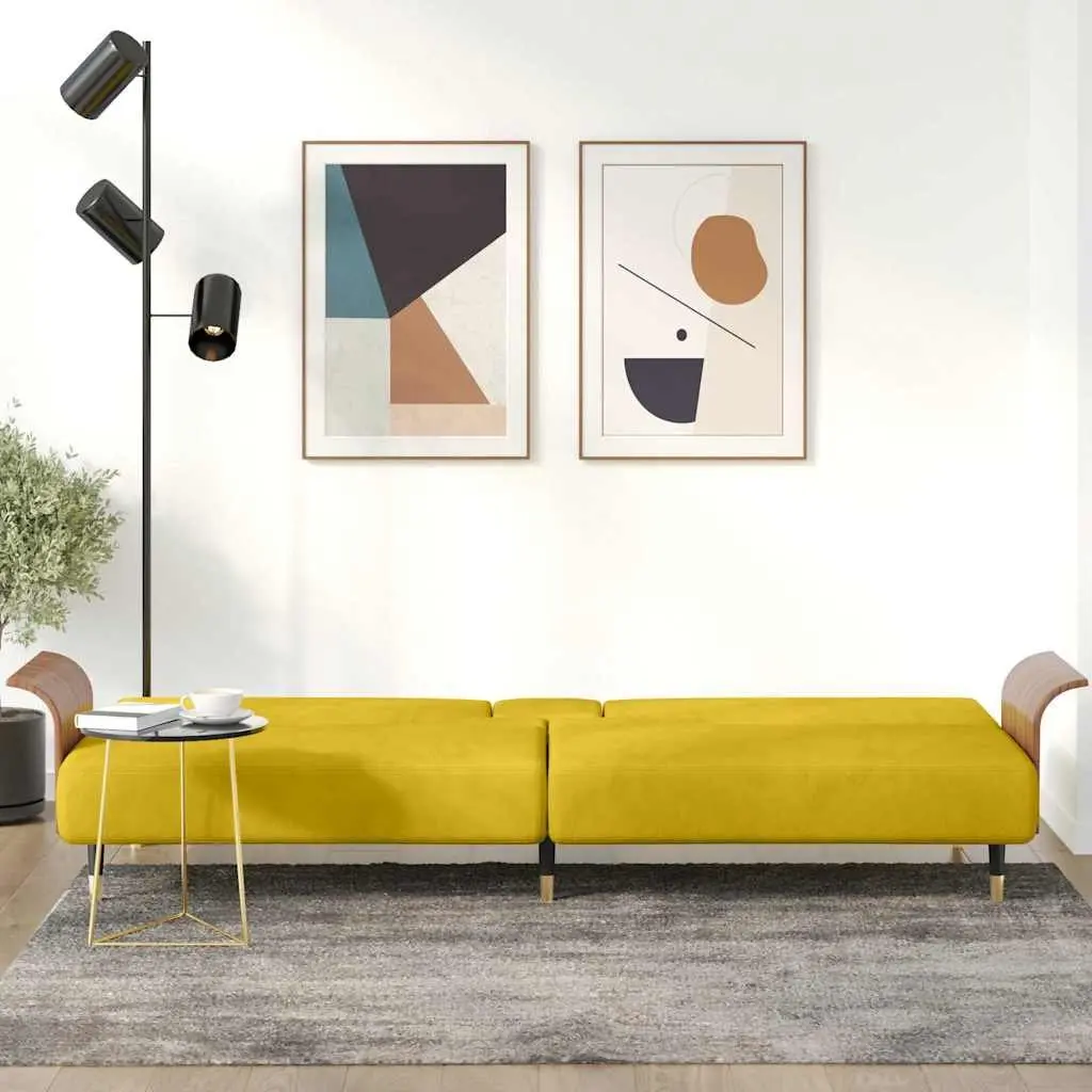 Sofa Bed for Living Room Yellow Velvet Adjustable Backrest with Cup Holders and Foldable Tea Table