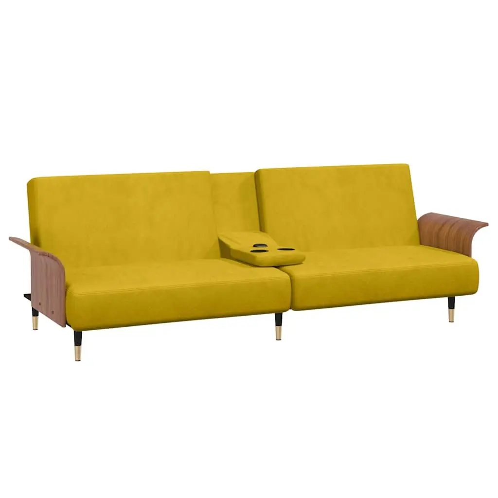 Sofa Bed for Living Room Yellow Velvet Adjustable Backrest with Cup Holders and Foldable Tea Table