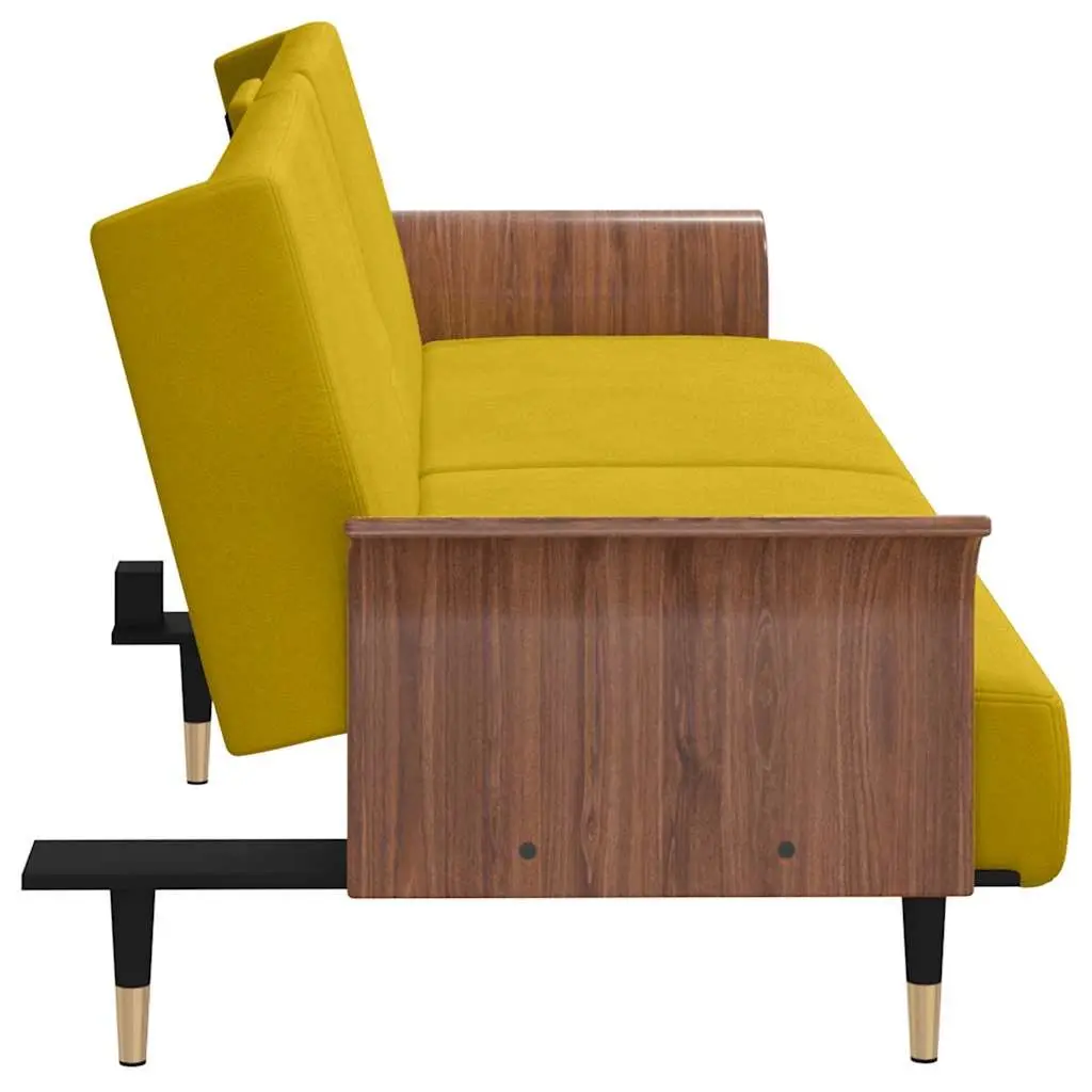 Sofa Bed for Living Room Yellow Velvet Adjustable Backrest with Cup Holders and Foldable Tea Table