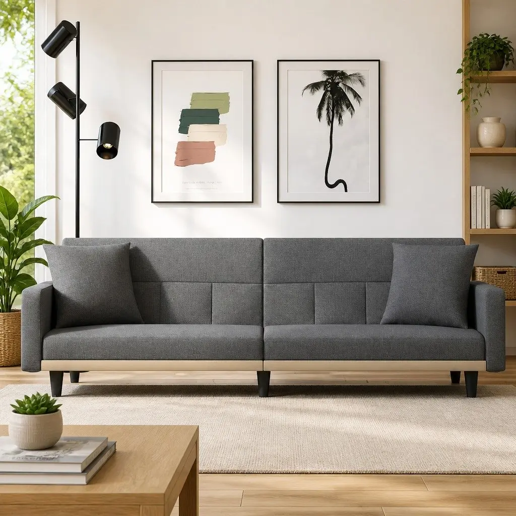 Grey Fabric Sofa Bed with Cushions