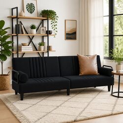 Sofa Bed with Armrests Black Velvet Adjustable Backrest Sleeper Couch Guest Bed