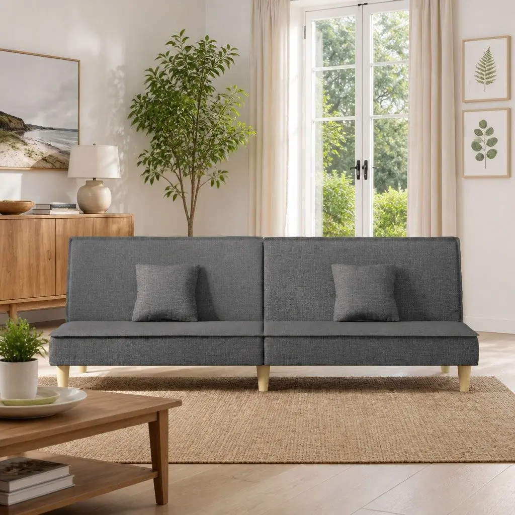 Grey Fabric Sofa Bed with Adjustable Backrest and Pillows