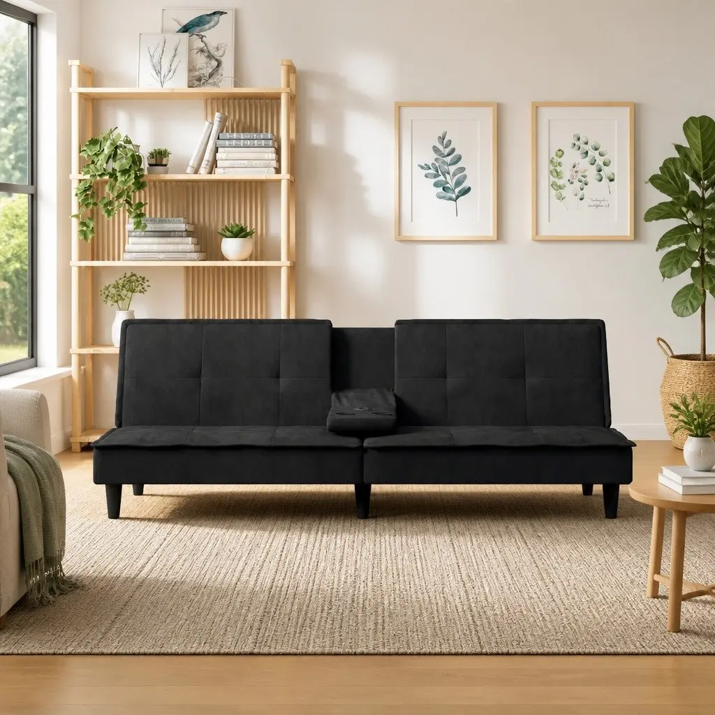 Sofa Bed for Living Room Black Velvet Adjustable Backrest