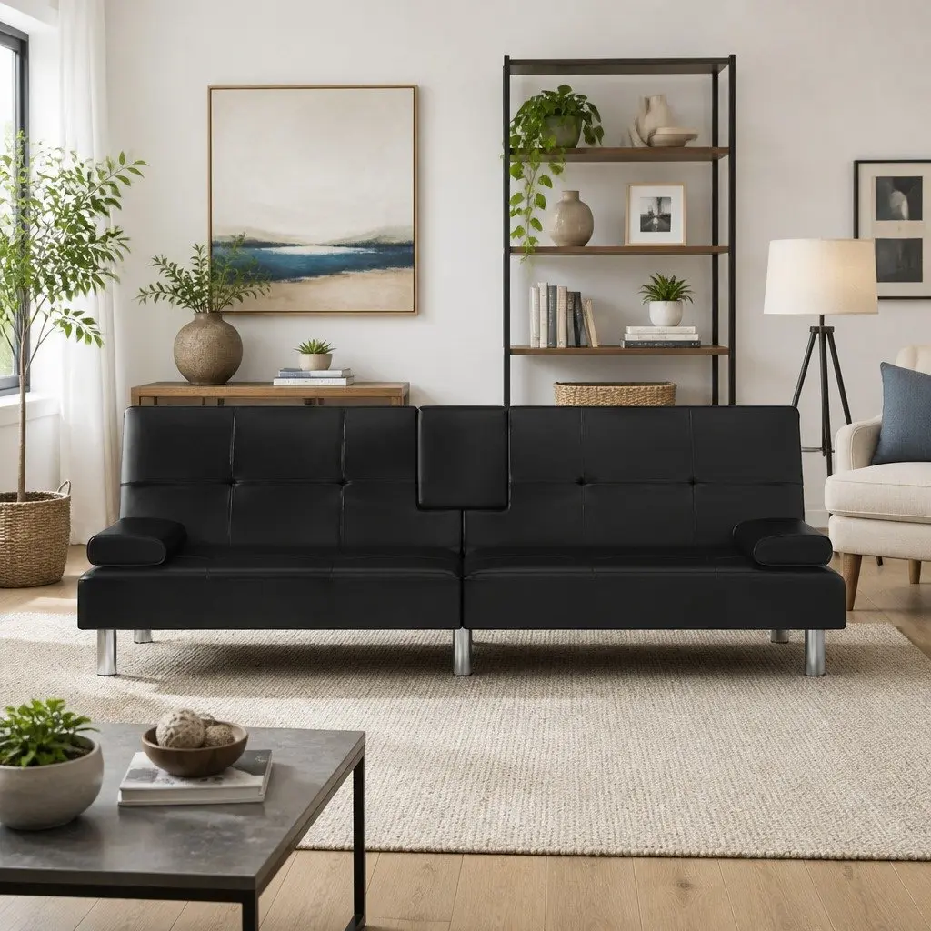 Adjustable Black Faux Leather Sofa Bed
