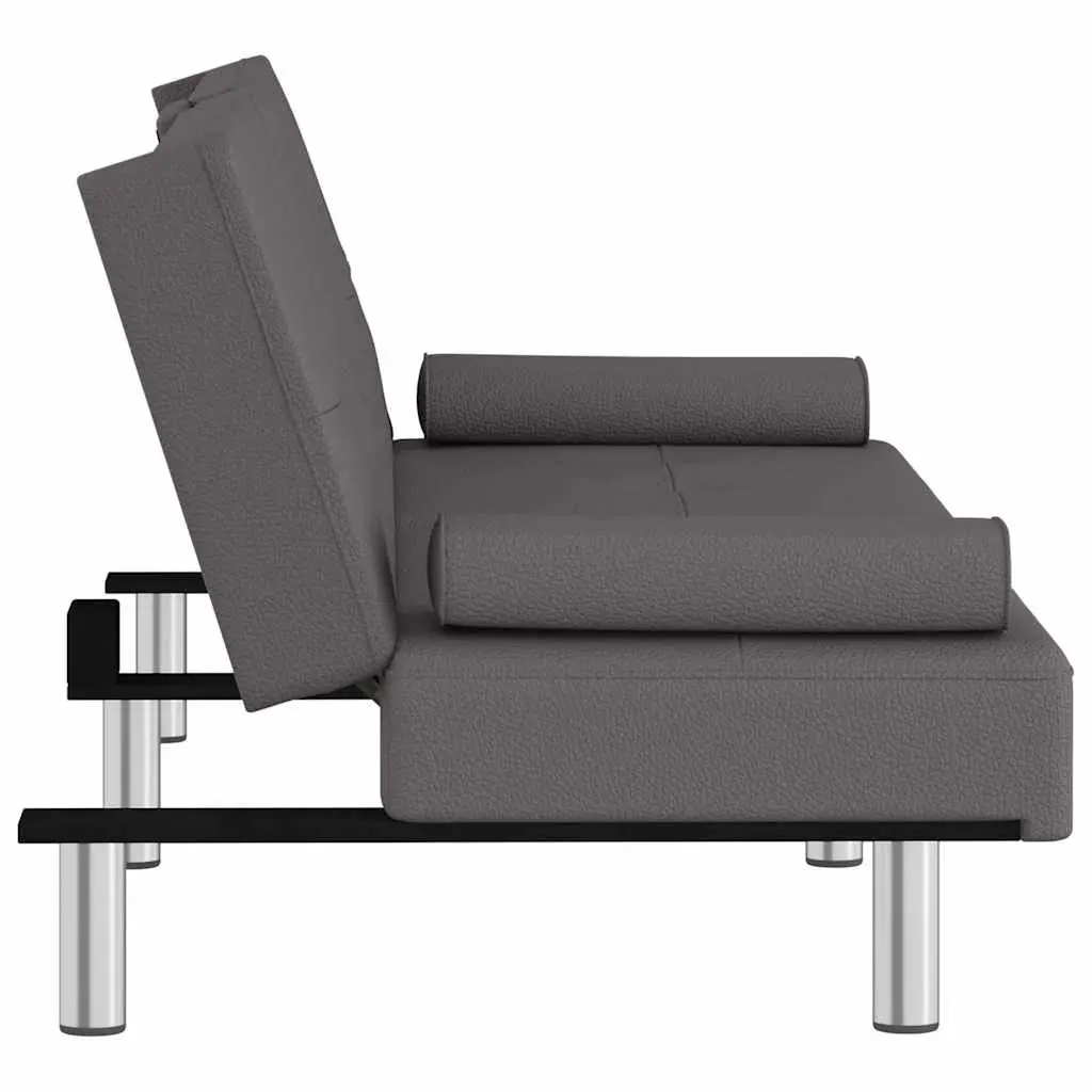 Sofa Bed Grey Faux Leather with Cup Holders Adjustable Backrest Recliner Couch