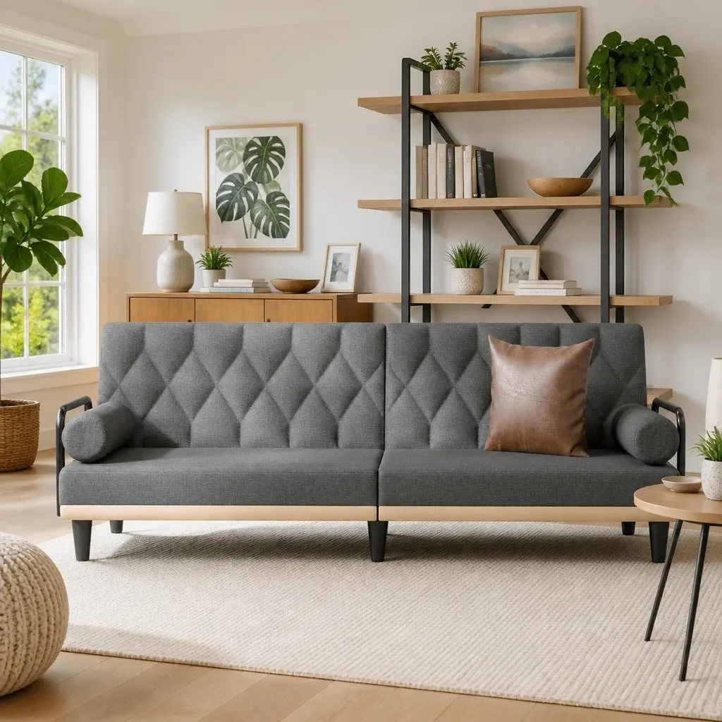 Sofa Bed for Living Room Grey Fabric Adjustable Backrest Sleeper Couch