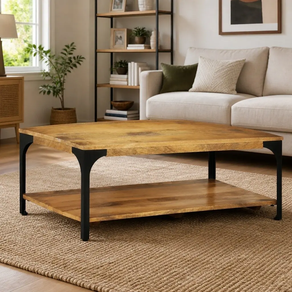 Coffee Table Living Room 2-Layer Brown Solid Wood Mango Steel Frame 100W x 55D x 38H cm