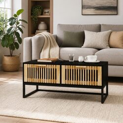 Coffee Table Black with 2 Drawers Storage Living Room Accent Engineered Wood