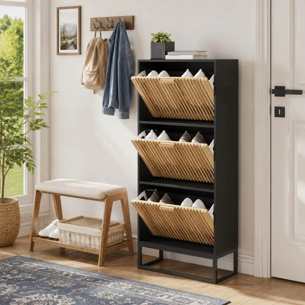 Shoe Storage Cabinet Black Engineered Wood Organizer for Home 52W x 25D x 120H cm