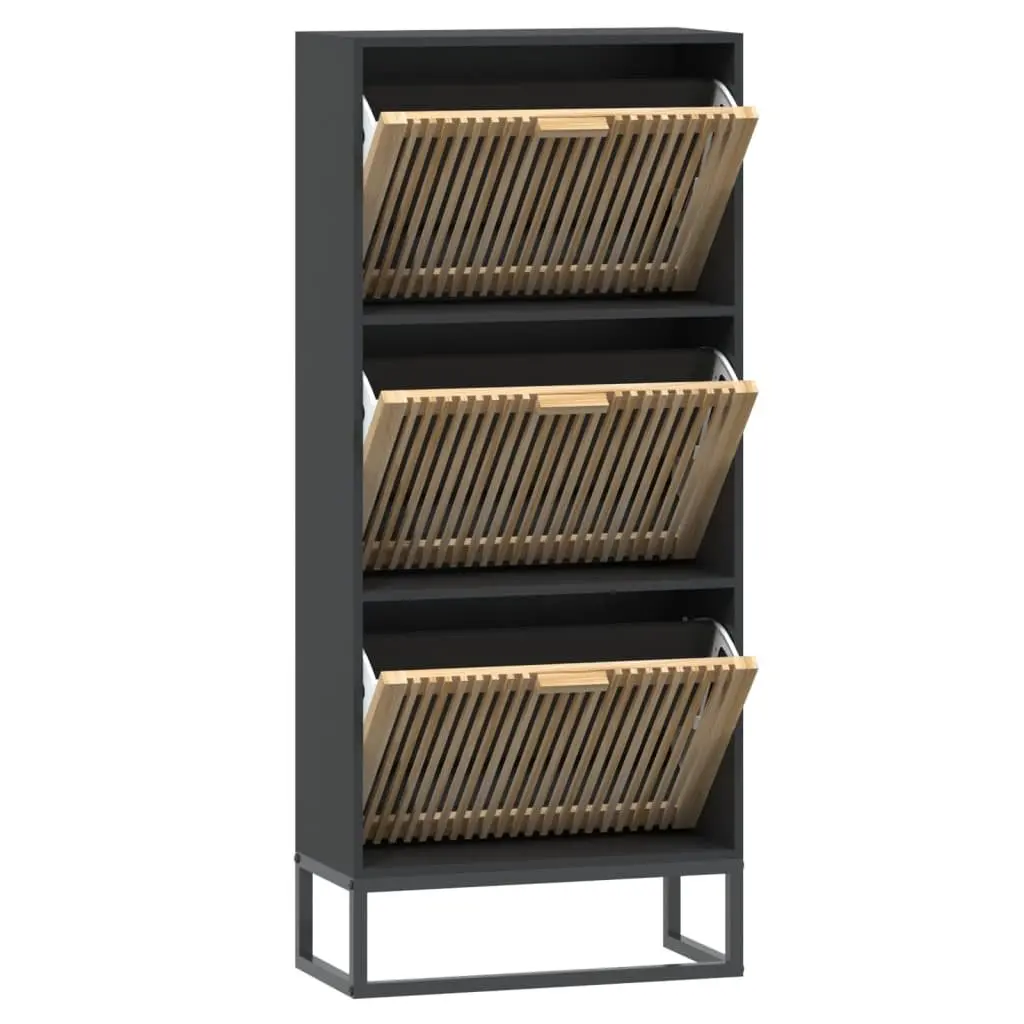 Shoe Storage Cabinet Black Engineered Wood Organizer for Home 52W x 25D x 120H cm