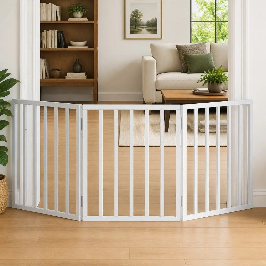Foldable Dog Gate 3 Panel 150cm White Poplar Wood Pet Safety Barrier