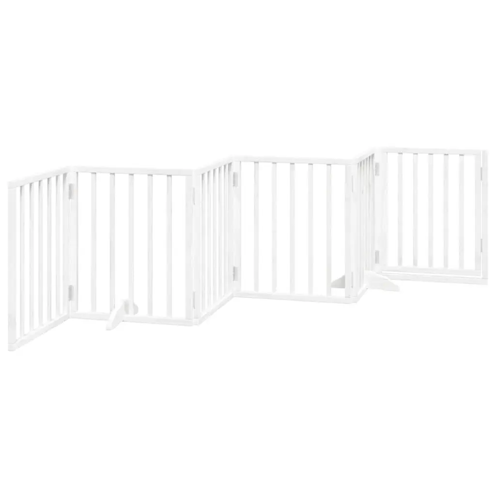 Dog Gate Foldable 6 Panels White Poplar Wood Pet Safety Barrier Door Lock