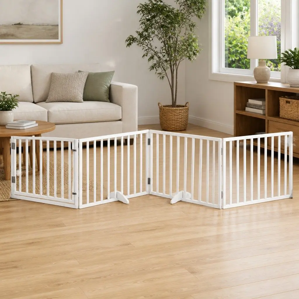 Dog Gate Foldable 4 Panels White Poplar Wood Pet Safety Barrier Door Enclosure