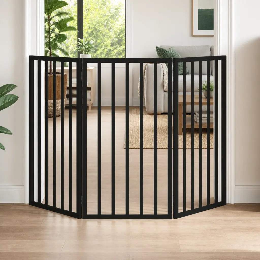 Dog Gate Foldable 3 Panels Black 150 cm Living Room Kitchen Stairs Doorways
