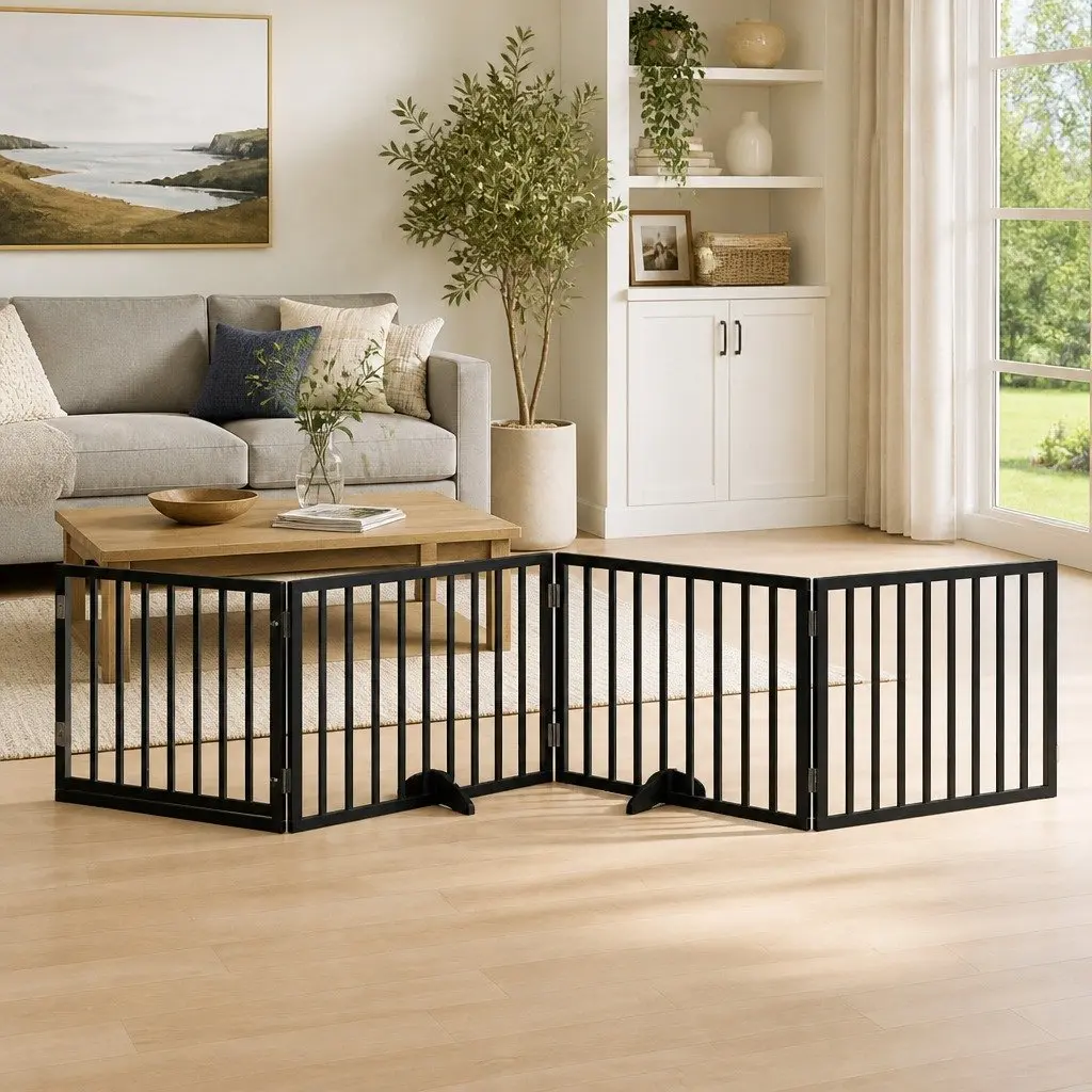 Dog Gate Foldable 4 Panels with Door Black Poplar Wood Pet Barrier Safety
