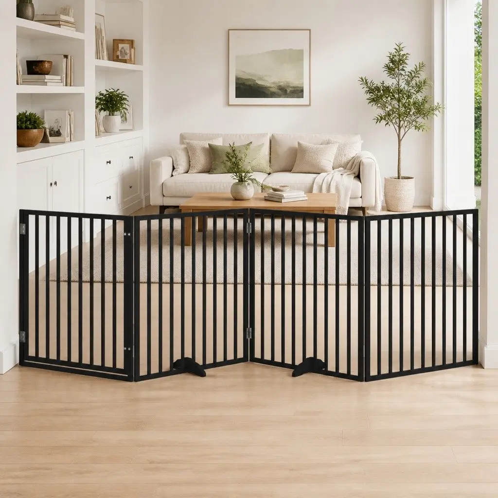 Dog Gate Foldable 4 Panels with Door Black Poplar Wood Pet Safety Barrier