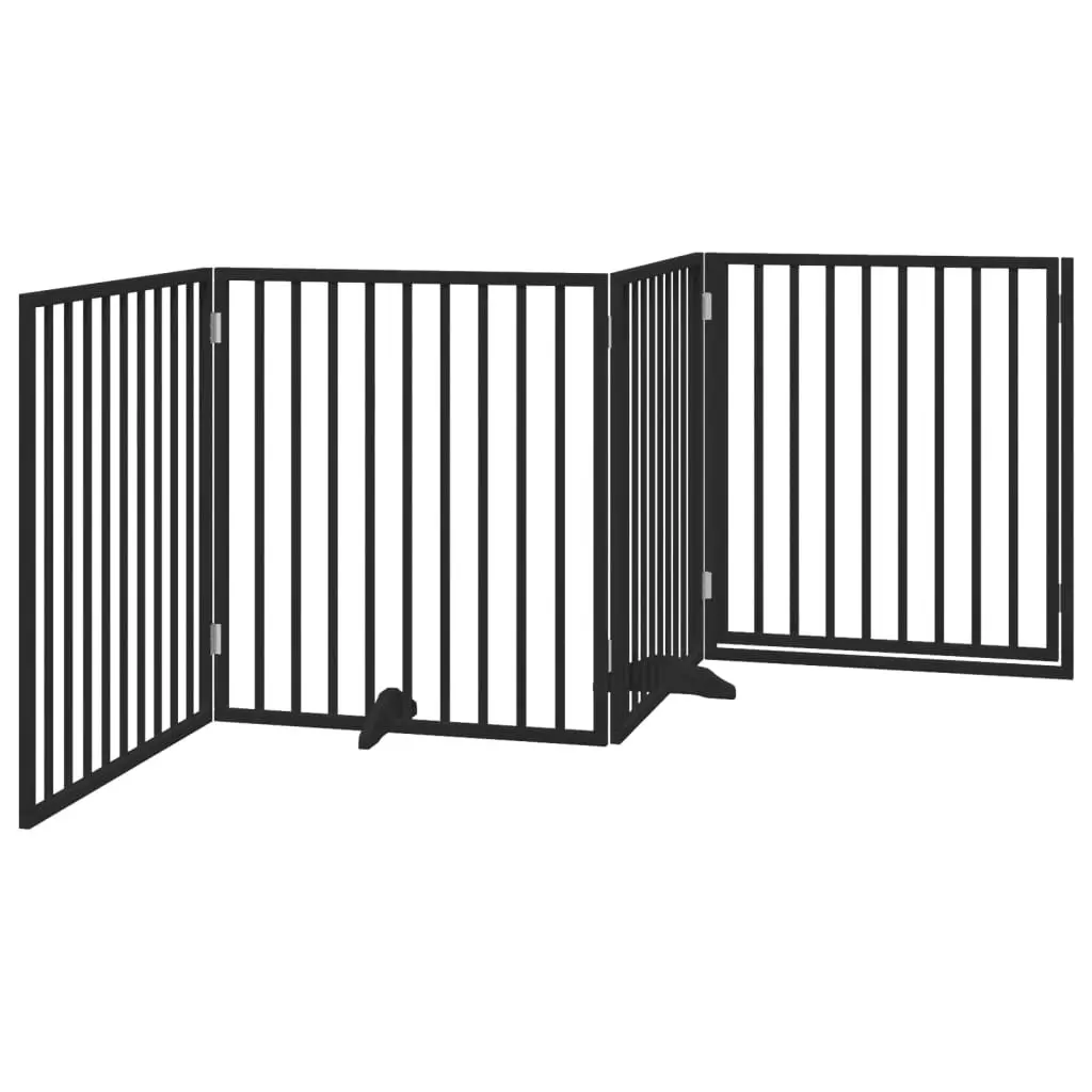 Dog Gate Foldable 4 Panels with Door Black Poplar Wood Pet Safety Barrier