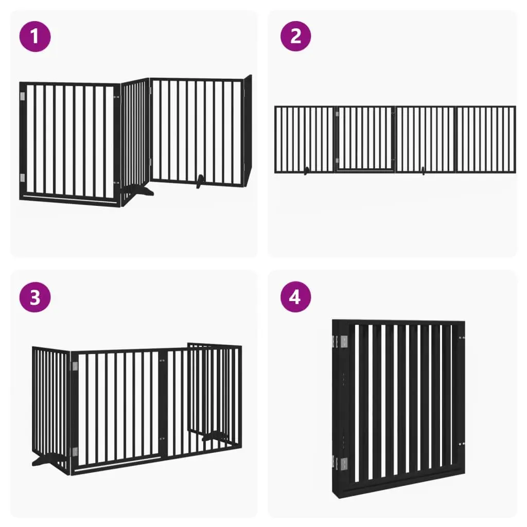 Dog Gate Foldable 4 Panels with Door Black Poplar Wood Pet Safety Barrier