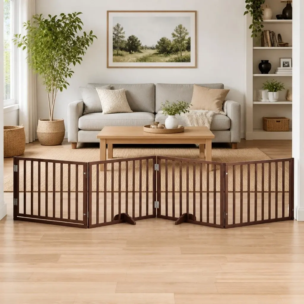 Dog Gate Foldable 4 Panels with Door for Living Room Kitchen Stairs Doorways Brown Poplar Wood