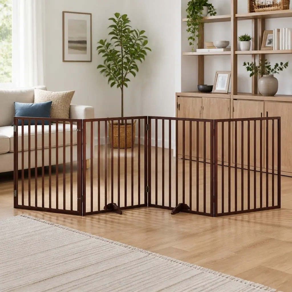 Foldable Dog Barrier Gate 4 Panels Brown Poplar Wood 320cm Pet Safety Door