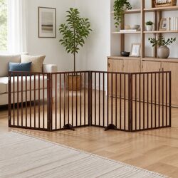Dog Gate Foldable 4 Panels Brown 320cm Poplar Wood Pet Safety Barrier Door