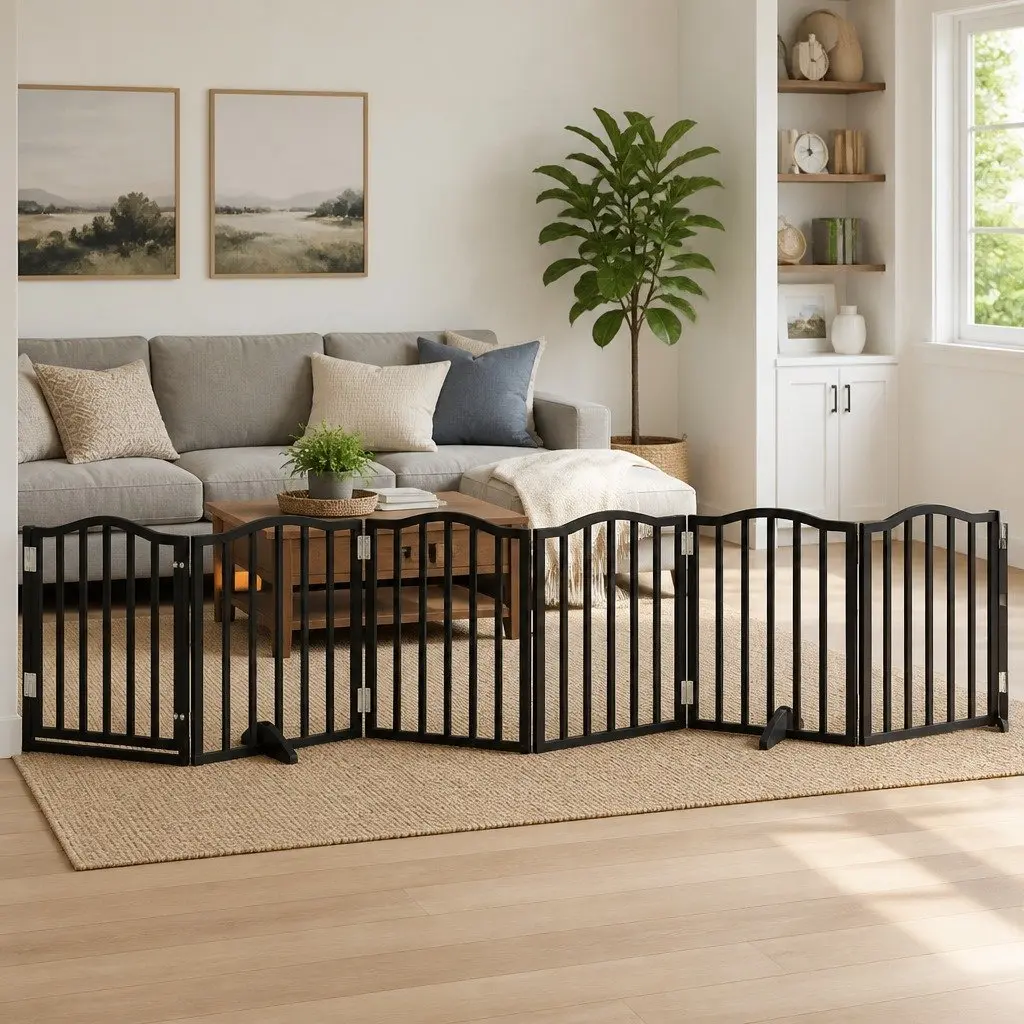 Dog Gate Foldable 6 Panels Black 300cm Poplar Wood Pet Safety Barrier Door