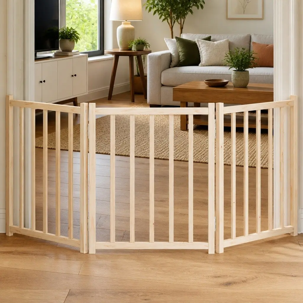 Dog Gate Foldable 3 Panels 150 cm Solid Wood Fir Pet Safety Barrier for Living Room Kitchen Stairs Doorways
