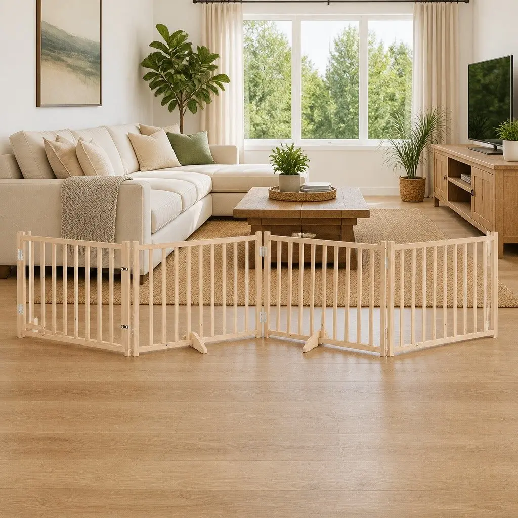Dog Gate Foldable 4 Panels 320cm Solid Wood Fir Pet Safety Barrier Door Lock