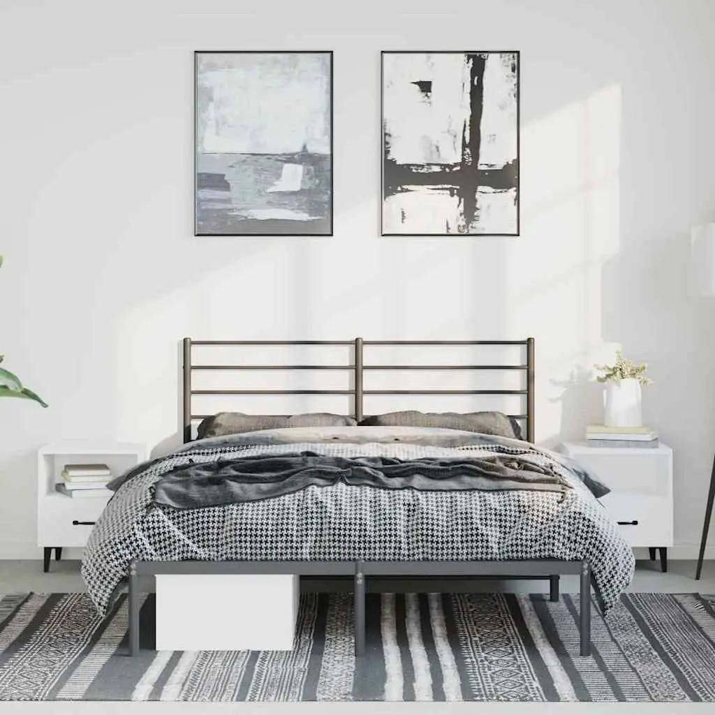 Metal Bed Frame 150x200 cm Black with Headboard Slatted Base Bedroom Furniture