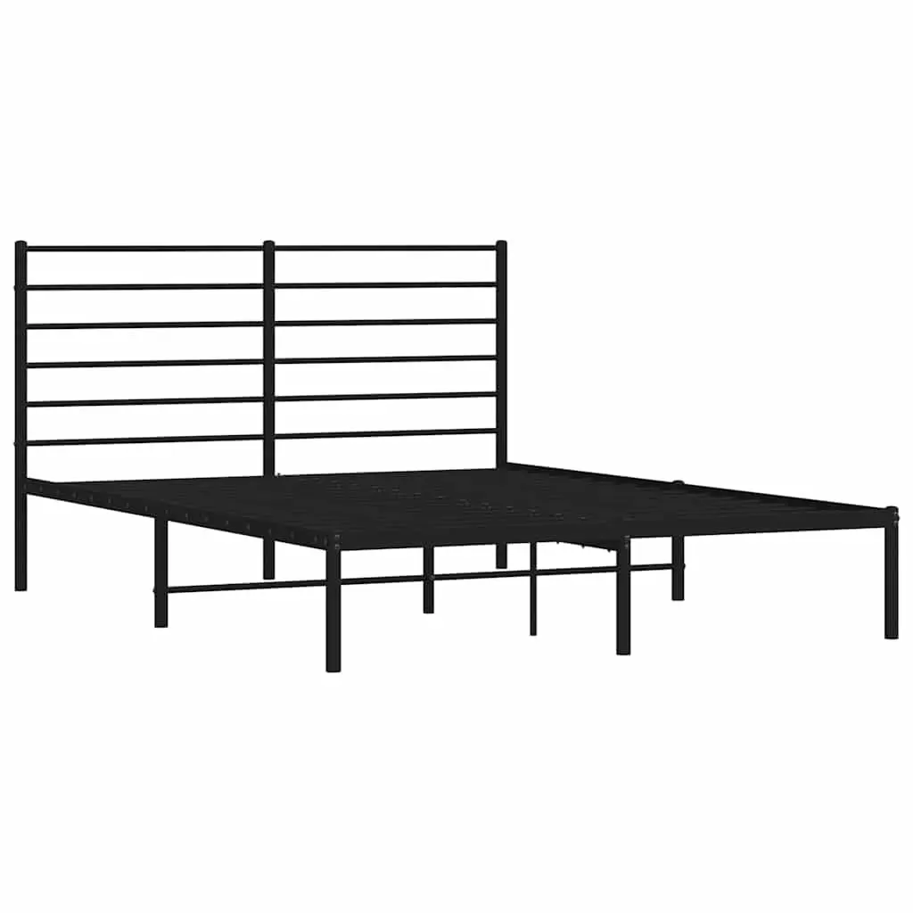 Metal Bed Frame 150x200 cm Black with Headboard Slatted Base Bedroom Furniture