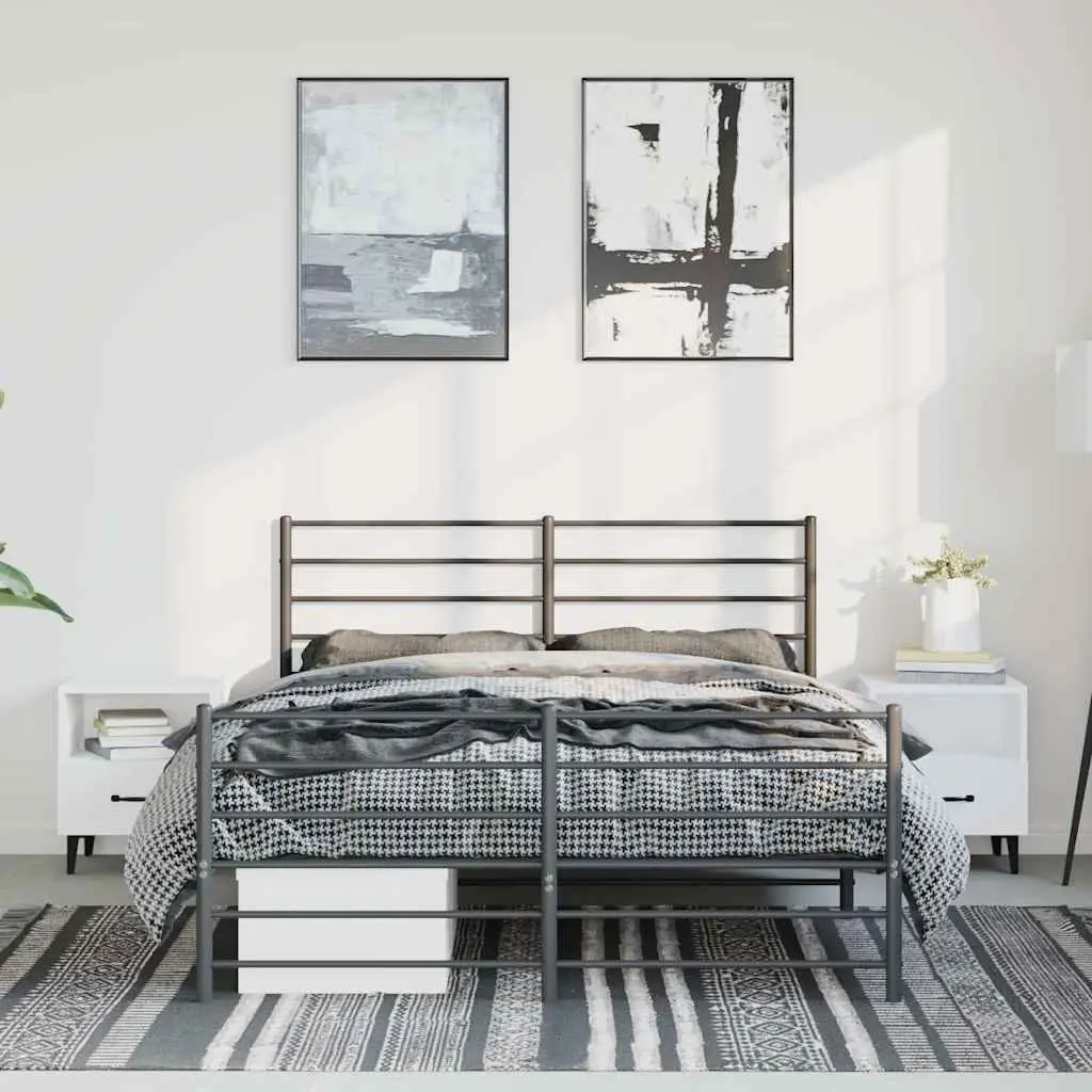 Metal Bed Frame 150x200 cm Black Footboard Slatted Base Bedroom Furniture