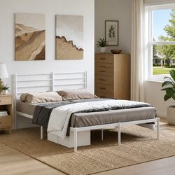 135x190 cm Metal Bed Frame with White Finish and Headboard