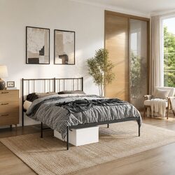 Metal Bed Frame 135x190 cm with Headboard Slatted Base Black Bedroom Furniture