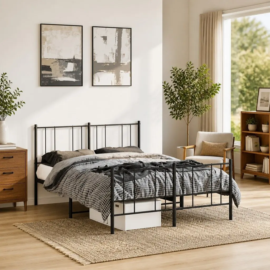 Metal Bed Frame 135x190 cm with Footboard Slatted Base Black Bedroom Furniture