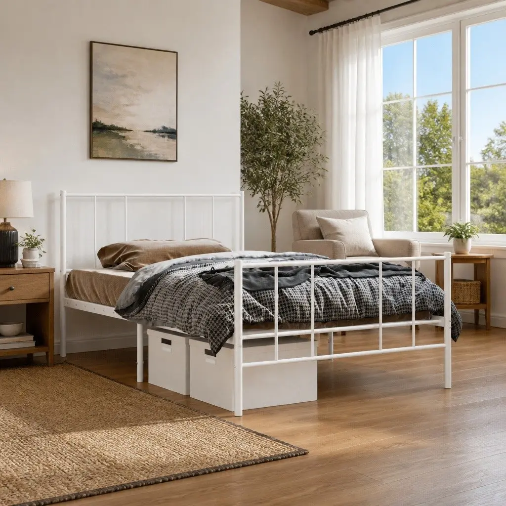 Metal Bed Frame King Single Bedroom 107x203 cm White Slatted Base Footboard
