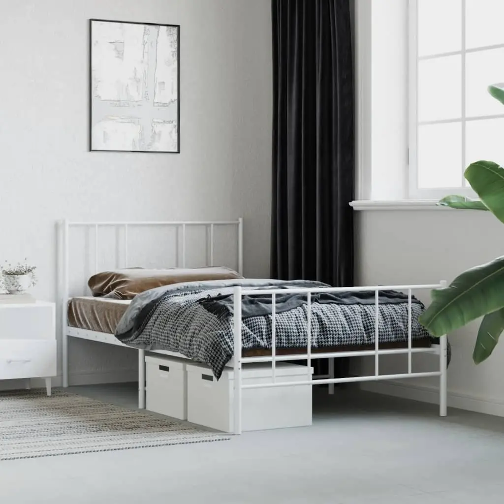 Metal Bed Frame King Single Bedroom 107x203 cm White Slatted Base Footboard